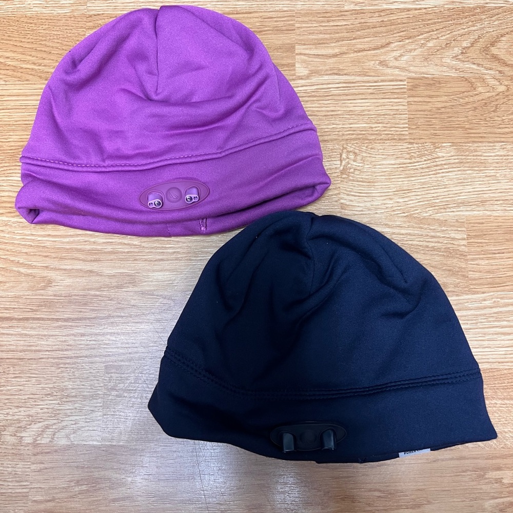 Women's Purple and Black Beanie Set with built-in headlights